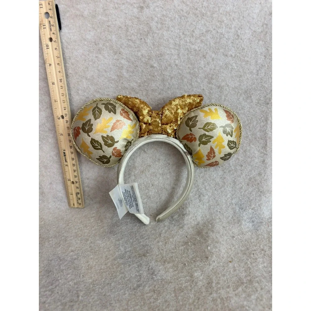 Disney Fall Leaf Sequin Bow Minnie Mouse‎ Ears Headband Adult One Size Gold